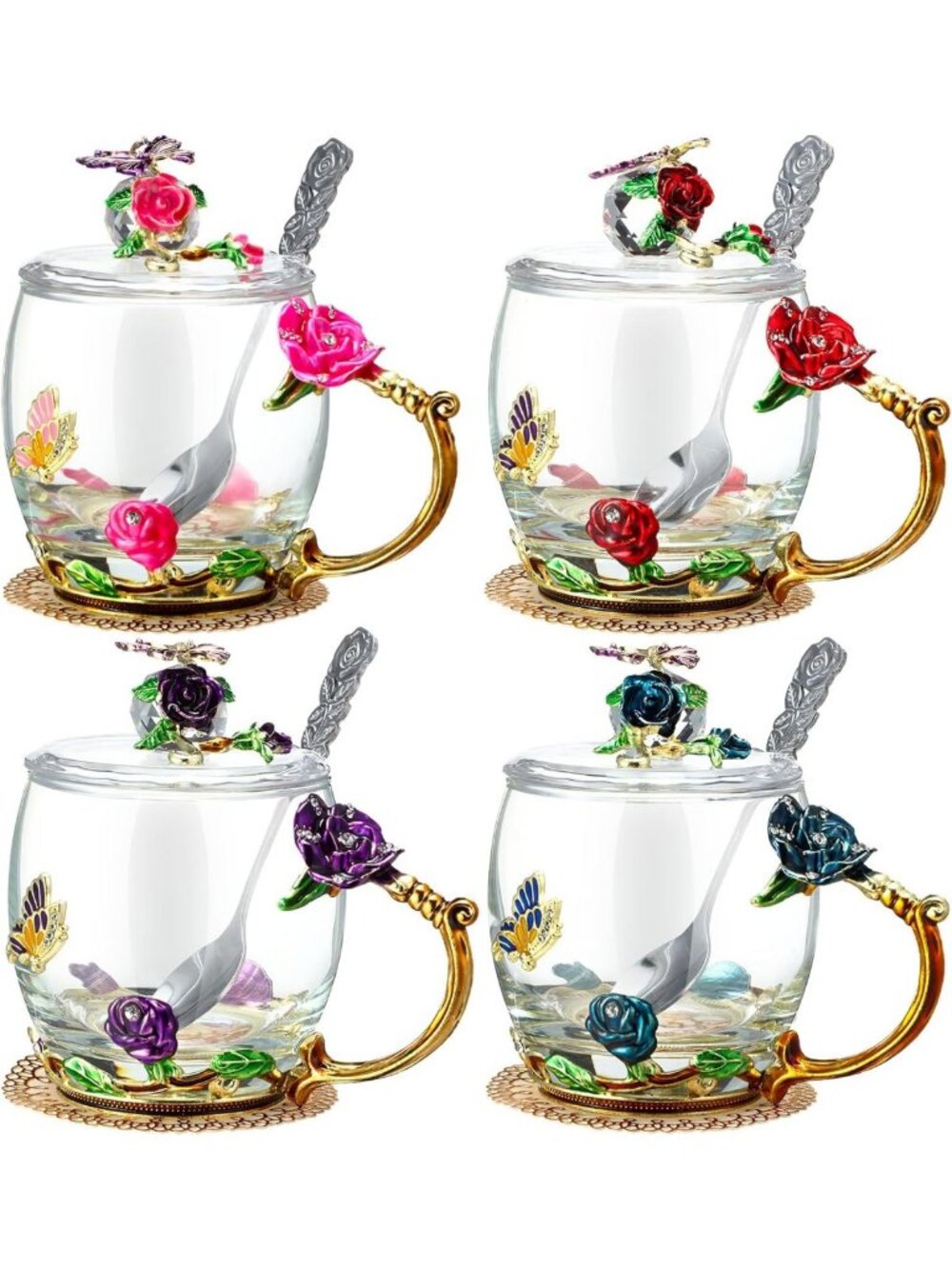 Set of 4 Colorful Flower Glass Tea Cups - Pink, Purple, Blue, Red, 11 oz